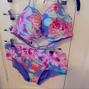 NWT: Aerie Purple Push Up Floral Bikini Set: Top Size 36C: Bottom Size M